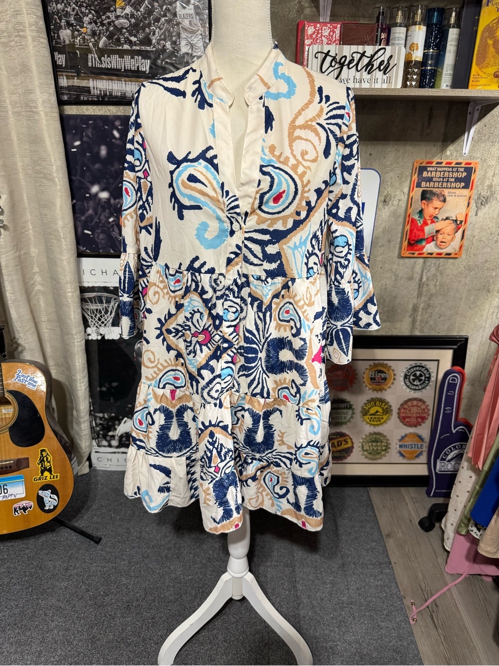Women's Blue & Cream Printed Tiered Tunic Dress
